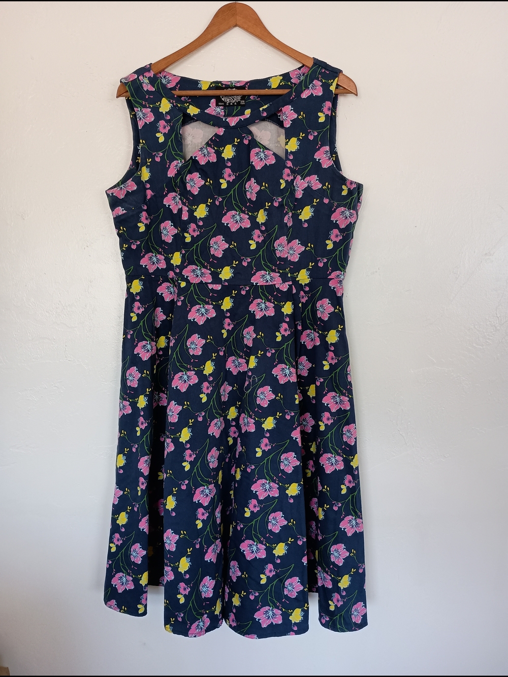 Hearts & Roses Navy Floral Fit-and-Flare Cotton Dress with Pink & Yellow Blooms